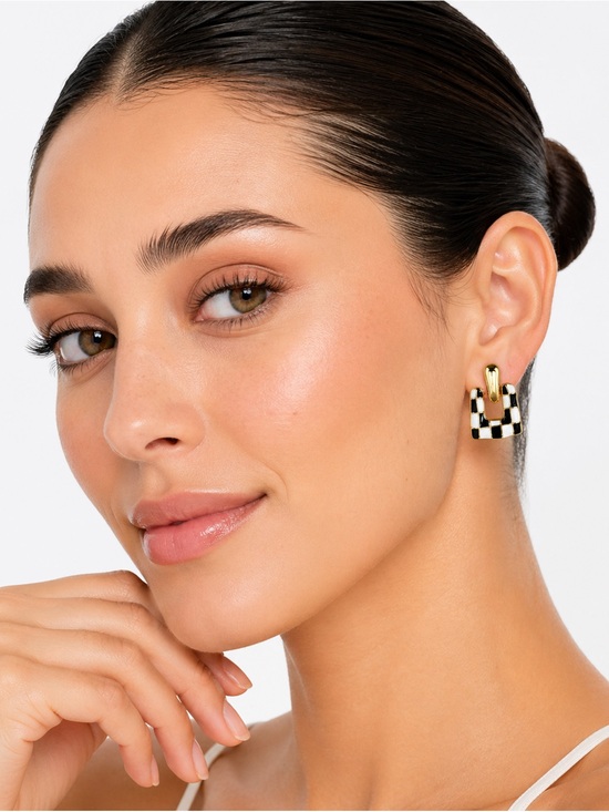 Jewelry - Gold & Black Check Square Hoop Earrings - Women Jewelry